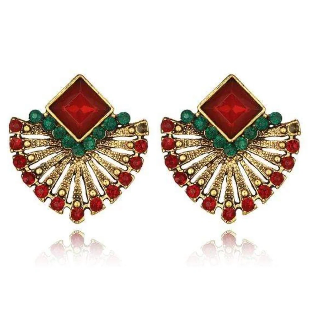 Womens Gold Red‎ Fan Stud Post Earrings
